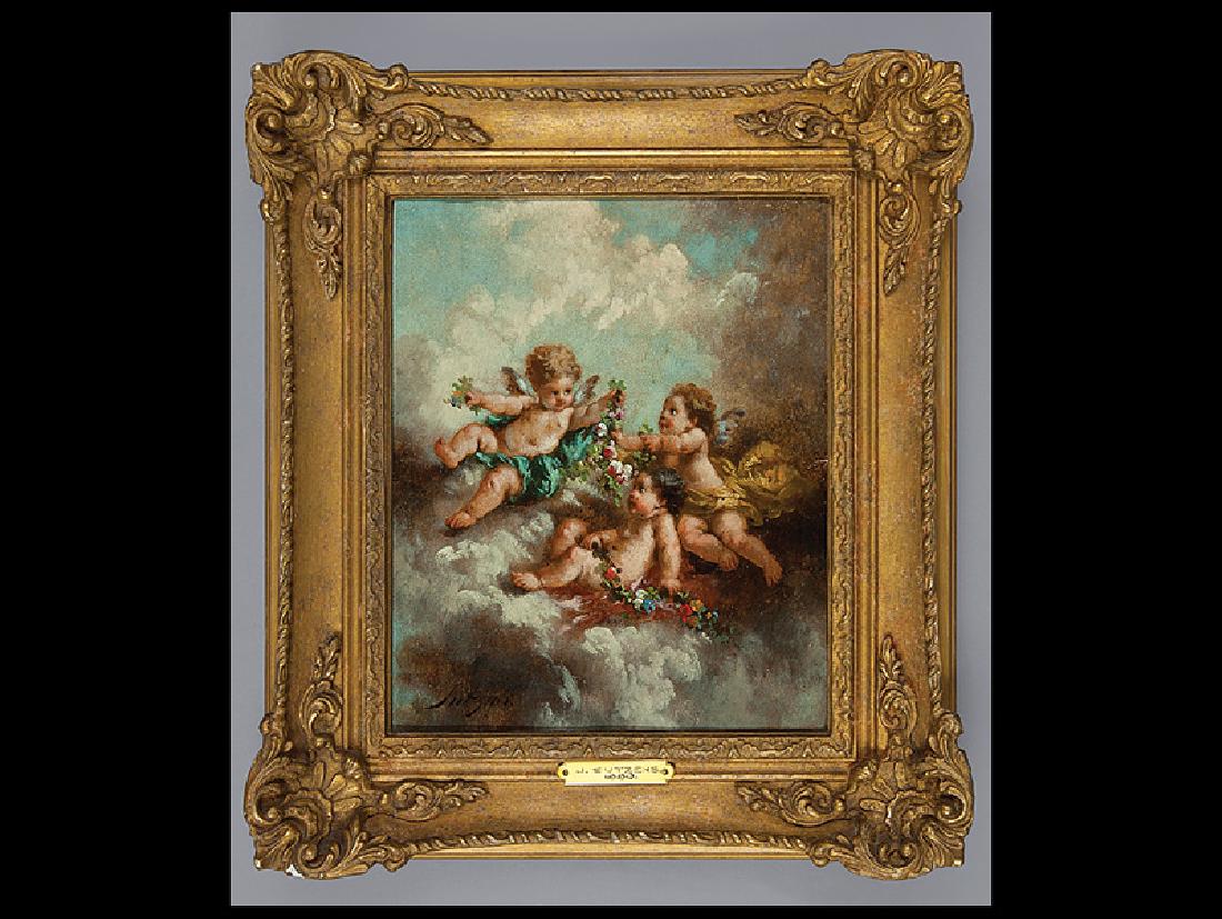 Continental School, 19th c.: Continental School, 19th c., "Putti with Flowers", 2 oils on canvas, each signed "J. Sutzens" lower left, each 12 in. x 10 in., framed alike. (2 pcs.)