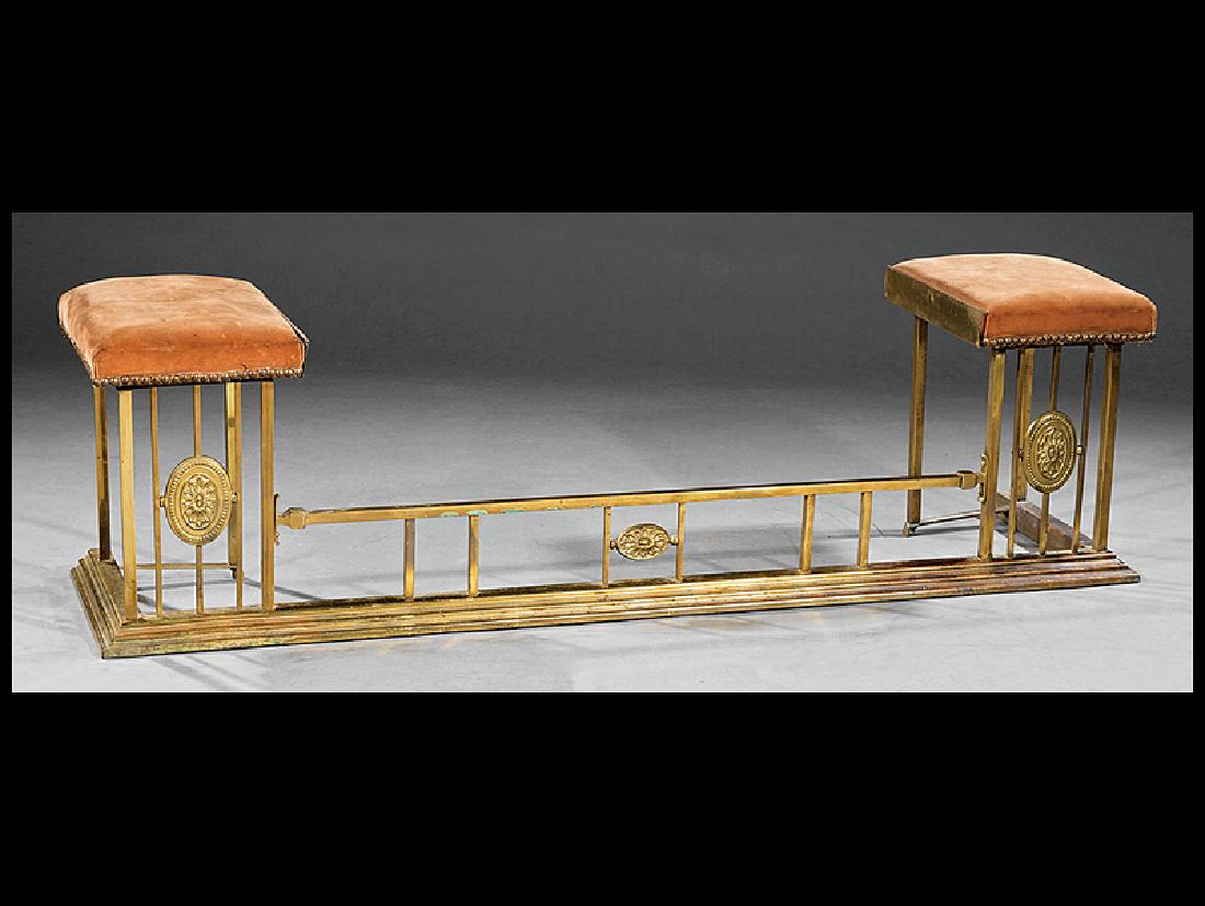 English Brass Club Fire Fender: Antique English Brass Club Fire Fender, and another brass fire fender, h. 17 in., w. 59 in., d. 15 in.; h. 8 1/2 in., w. 50 in., d. 10 in
