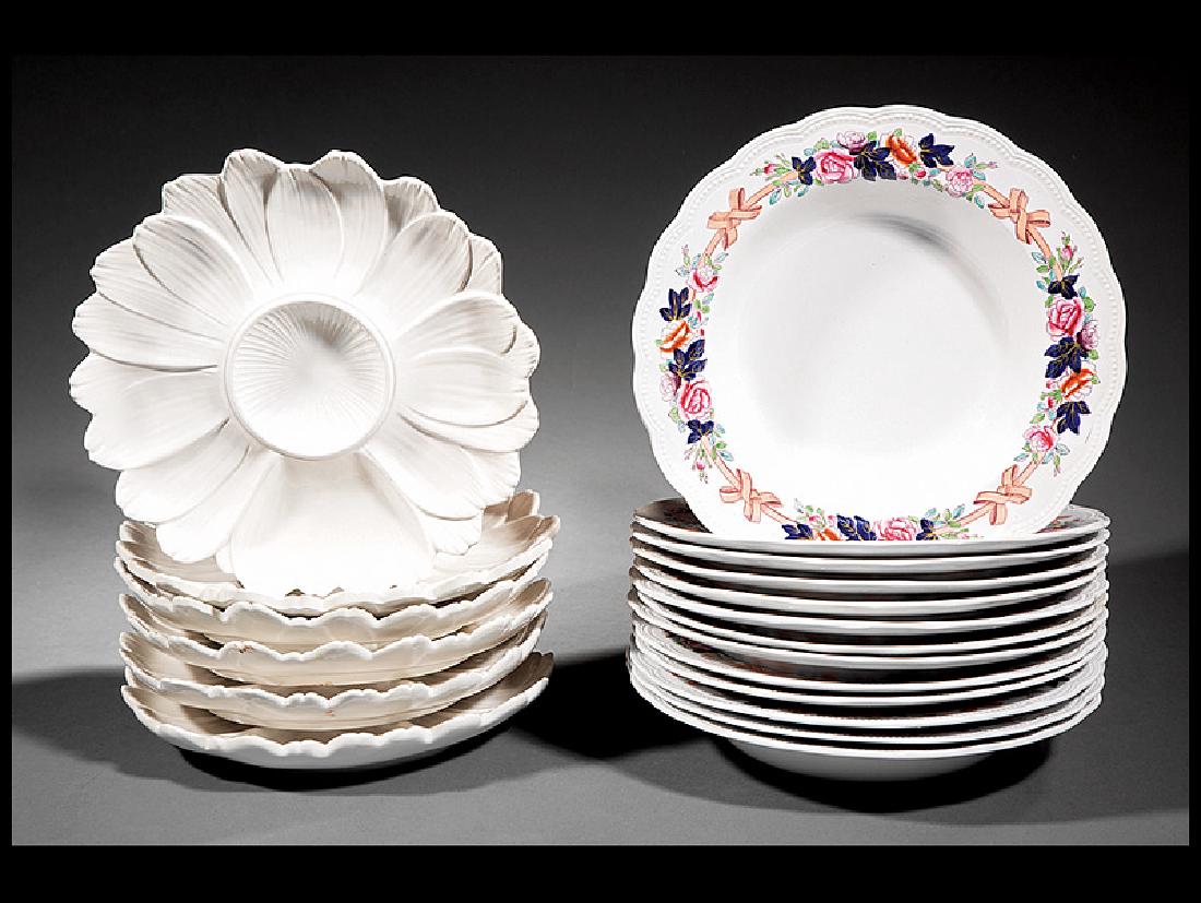 Thirteen William Brownfield Ironstone Soup Plates: Thirteen William Brownfield Ironstone Soup Plates, mid-19th c., impressed "WB" within Staffordshire knot, shaped rims with floral garlands, dia. 10 1/2 in.; together with six Italian ceramic artichoke