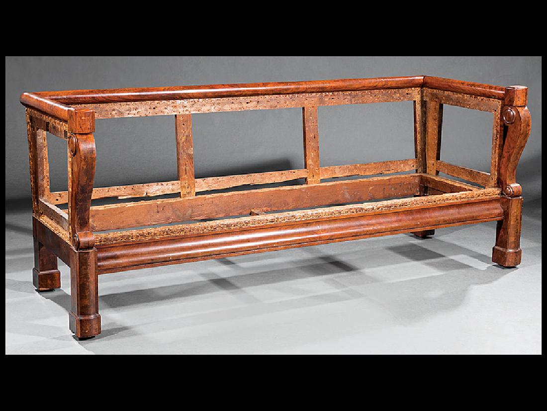 Classical Mahogany Box Sofa attr. Duncan Phyfe: American Late Classical Mahogany Box Sofa, 1834-1847, attr. to Duncan Phyfe, New York, cylindrical crest rail, scrolled arm supports, ogee-molded seat rail, convex-molded legs, block feet, h. 31 in.,