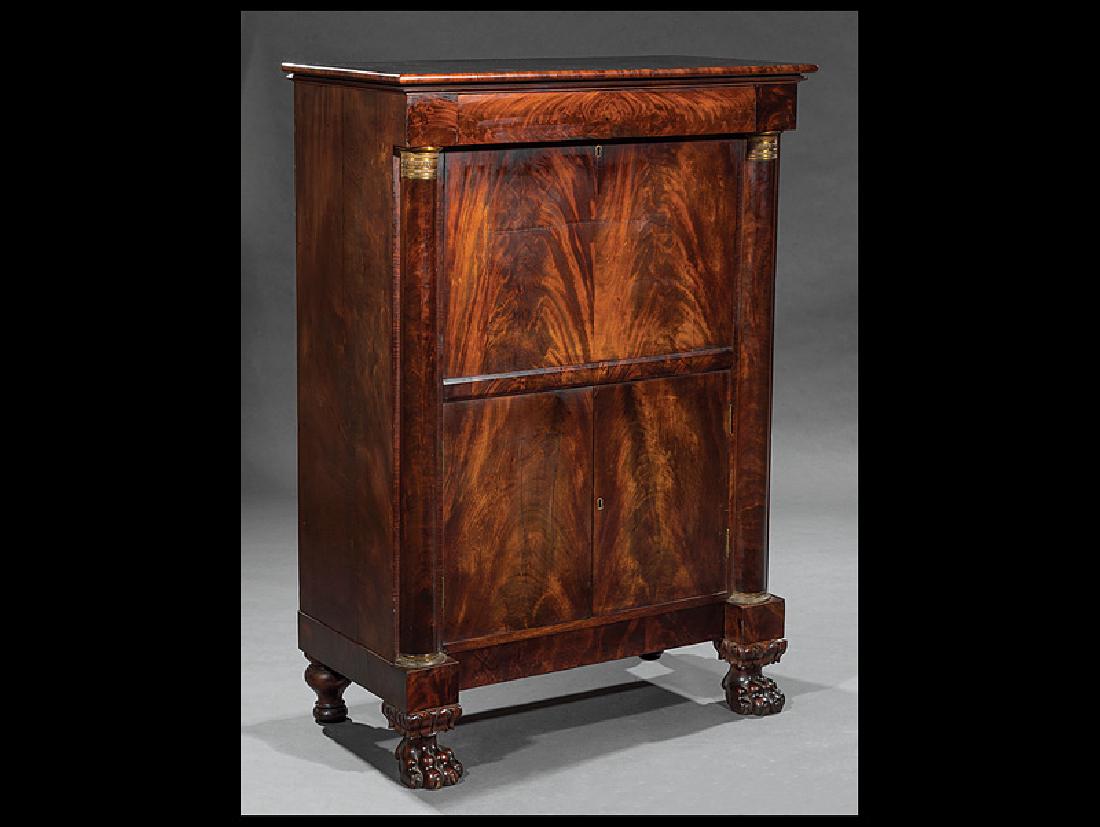 Sécrétaire à Abattant attr. Emmons and Archibald: American Classical Bronze-Mounted Mahogany Sécrétaire à Abattant, early 19th c., attr. Emmons and Archibald, Boston, blind frieze drawer, fall front writing compartment flanked by columnar stiles,