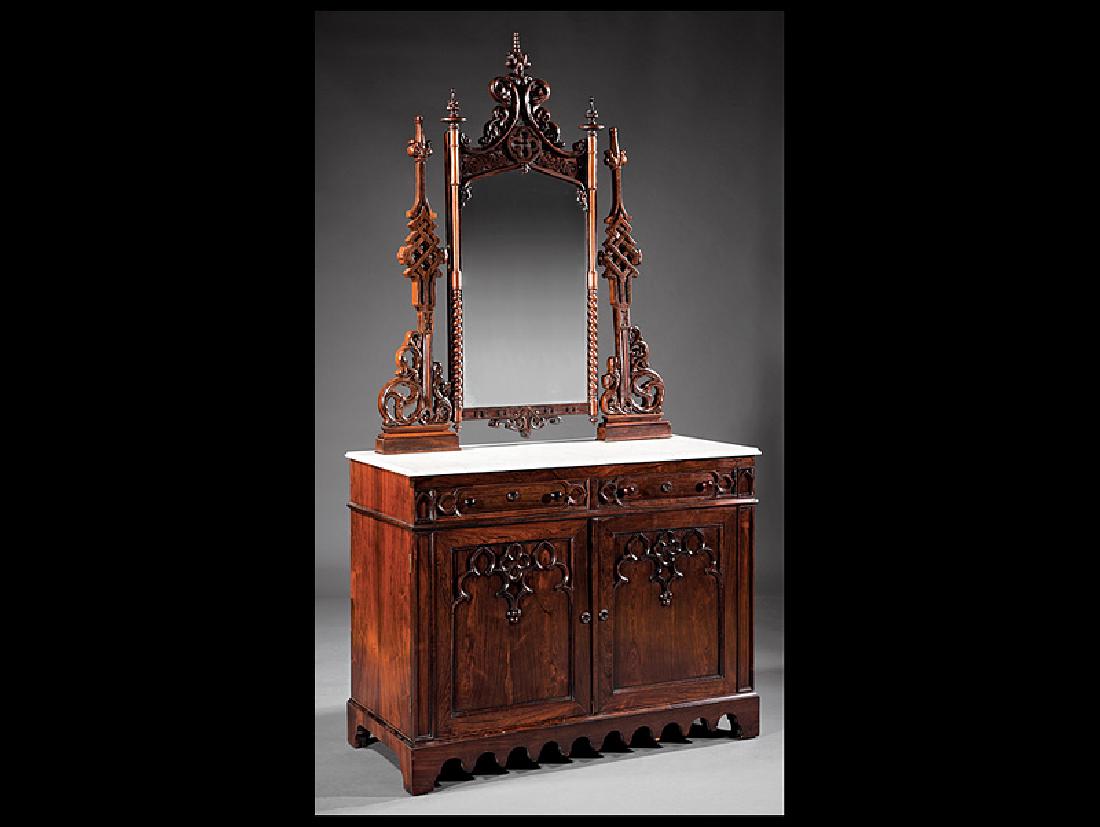 Rosewood Dressing Chest, Charles A. Baudouine: American Gothic Carved Rosewood Dressing Chest, c. 1850, Charles A. Baudouine, New York, stenciled "FROM C.A. BAUDOUINE / -335- BROADWAY / NEW-YORK", mirror with elaborately carved and pierced crest a