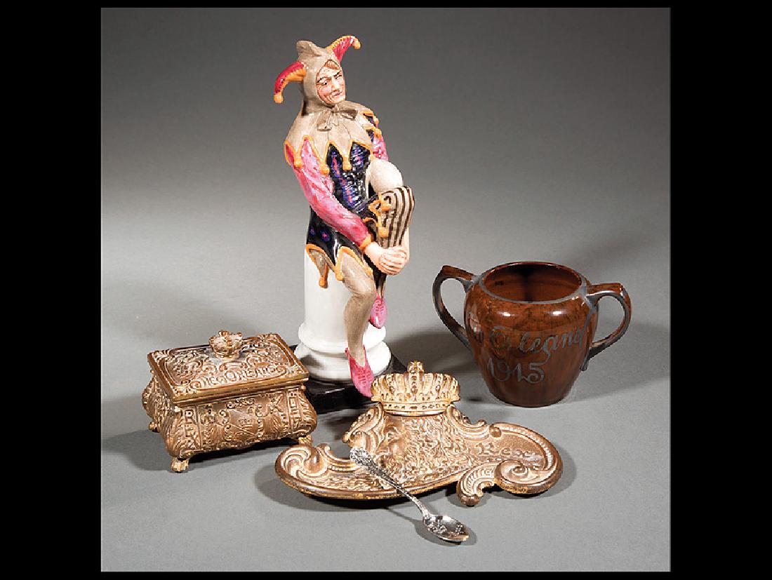 Mardi Gras, Rex Ball Favors 1907, 1911, 1915: [Mardi Gras], Rex, 4 ball favors, 1907 pin box, 1911 inkwell with original glass inkpot, 1915 brown vase with silver overlay, and demitasse spoon stamped "A.B. Griswold & Co."; together with "The Jest