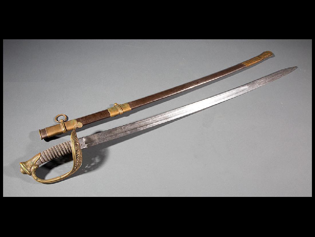 U.S. Model 1850 Staff & Field Officer's Sword: U.S. Model 1850 Staff and Field Officer's Sword and Scabbard, guard with "US" and foliate decoration, fish skin grip, blade etched with eagle, US, arms panoply and marked "P.D.L." on ricasso, steel an