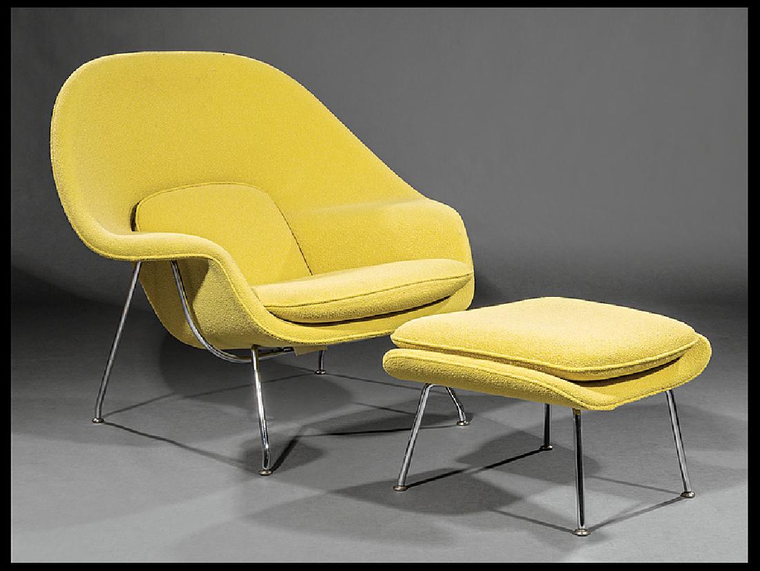 Saarinen for Knoll "Womb" Lounge Chair & Ottoman: Eero Saarinen for Knoll "Womb" Lounge Chair and Ottoman, designed 1946, labeled, original wool upholstery, chromed steel base, chair h. 36 1/2 in., w. 41 3/4 in., d. 35 in.; ottoman h. 15 in., w. 25 i