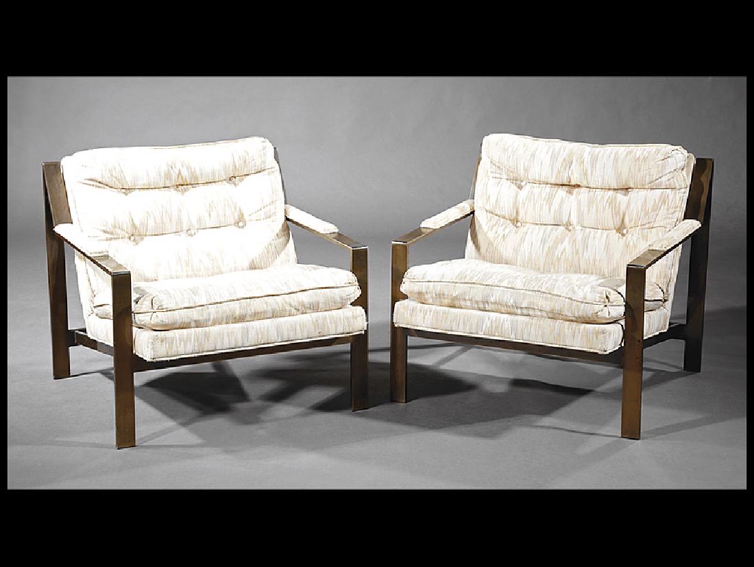 Pair of Cy Mann Lounge Chairs: Pair of Cy Mann Lounge Chairs, padded backs and arms, chrome frame, h. 26 3/4 in., w. 29 1/4 in., d. 32 in