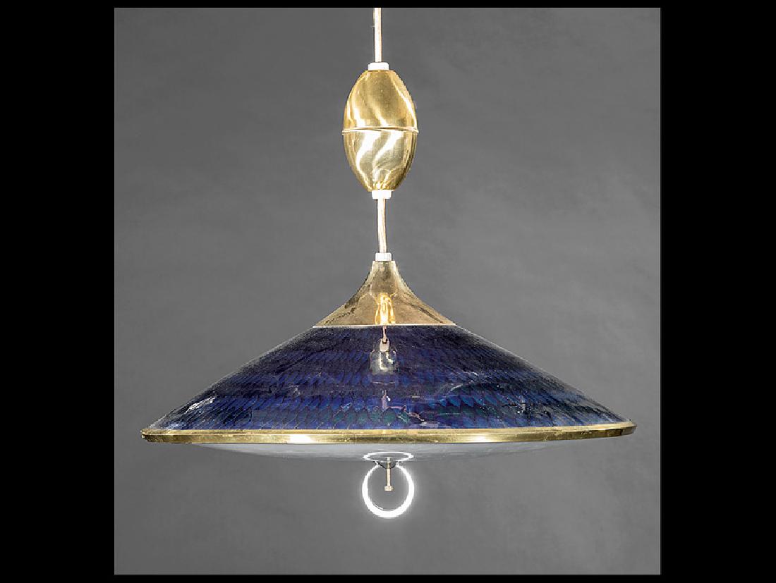 Mid-Century Modern Hanging Light Fixture: Mid-Century Modern Hanging Light Fixture, c. 1965, by Thomas Industries, Louisville, Kentucky, saucer-form, blue and green acrylic shade, brass mounts, white opaque glass underside, adjustable cord, h