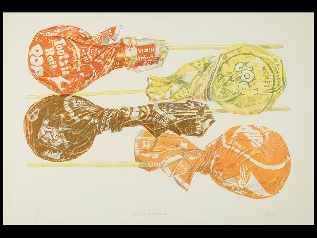 Don Nice (American, b. 1932): Don Nice (American, b. 1932), "Tootsie Pops", 1974, color lithograph on paper, pencil-signed, titled and numbered "14/50" lower margin, 22 1/2 in. x 34 in., framed