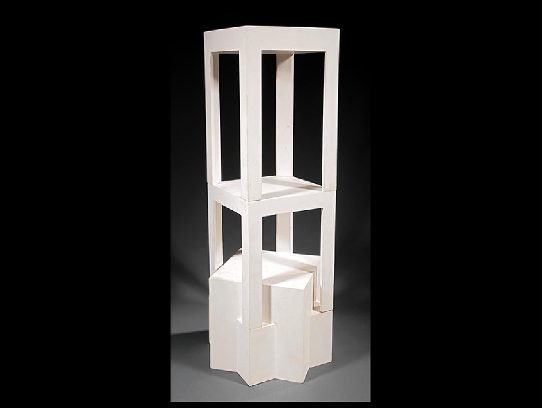 Scott de Montluzin (American/New Orleans, 20th c): Scott de Montluzin (American/New Orleans, 20th c.), "Suspended White Cubes", painted wood, signed, h. 51 in., w. 14 in., d 14 in. Provenance: Collection of Michael Brown and Linda Green, New Orleans