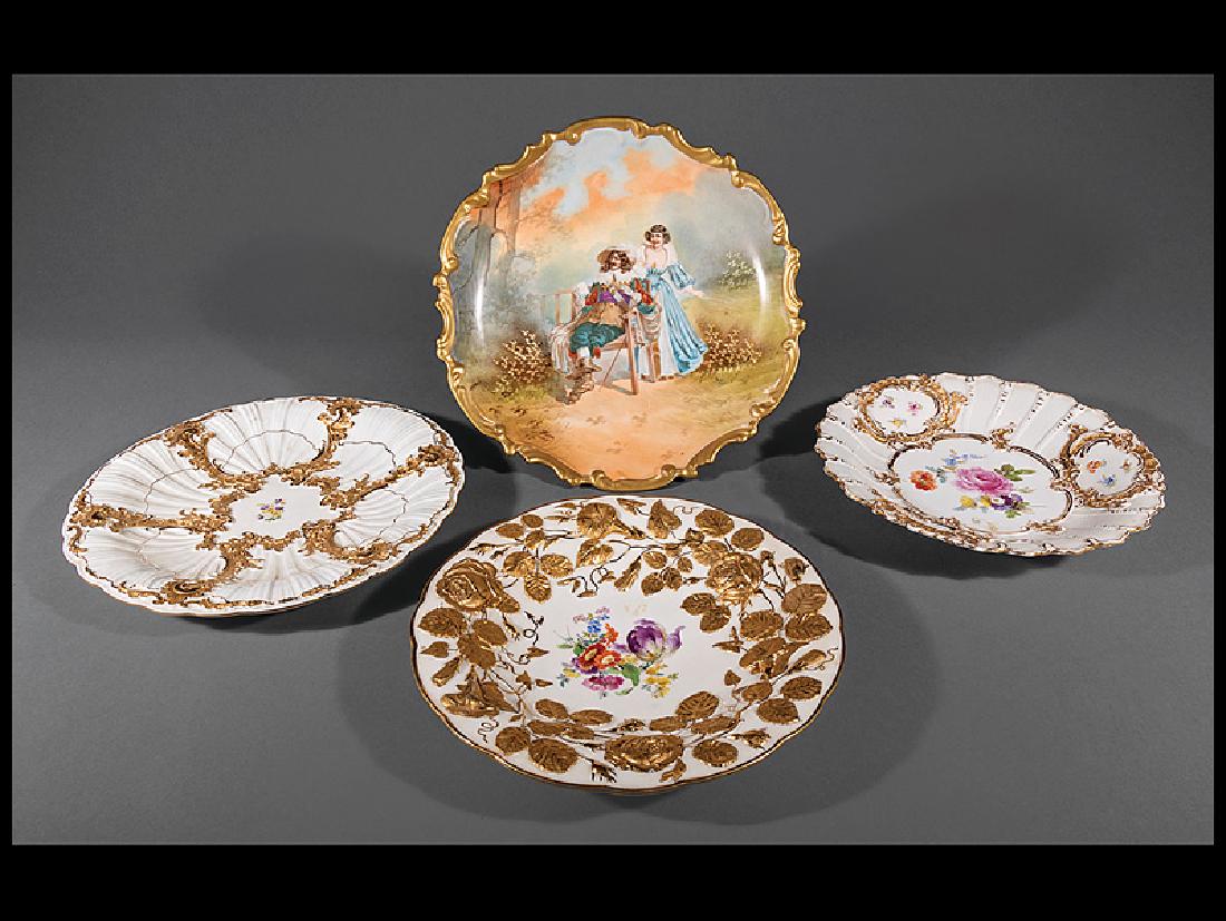 Three Meissen Porcelain Chargers: Three Meissen Porcelain Chargers, 20th c., crossed swords marks, molded scrollwork or leaves, floral decoration, dia. 12 1/2 in., 11 5/8 in. and 11 1/8 in.; together with one L.R.L. artist-signed Limo