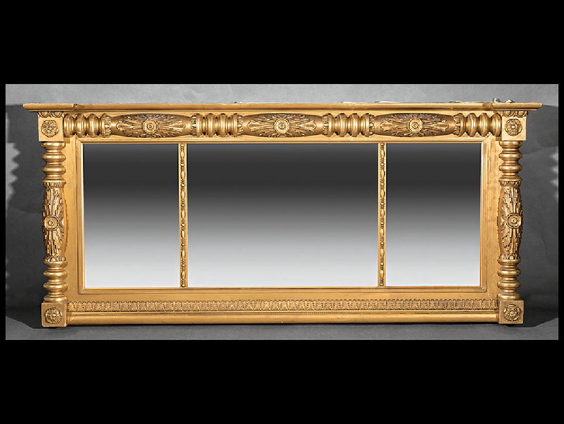 American Classical Giltwood Overmantel Mirror: American Classical Giltwood Overmantel Mirror, c. 1820, split baluster surround, rosette corner blocks, divided mirror plate, h. 27 1/2 in., w. 62 in