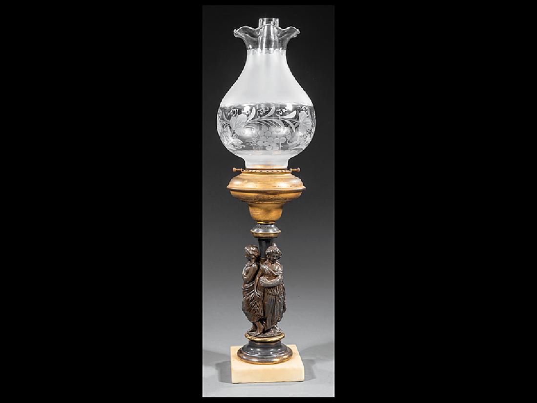 Metal Figural Solar Lamp attr. Corenlius & Baker: American Patinated Metal Figural Solar Lamp, c. 1850, attr. to Cornelius and Baker, three addorsed female figures, marble base, floral cut shade, h. 22 in. Provenance: The Service Collection, Estate o