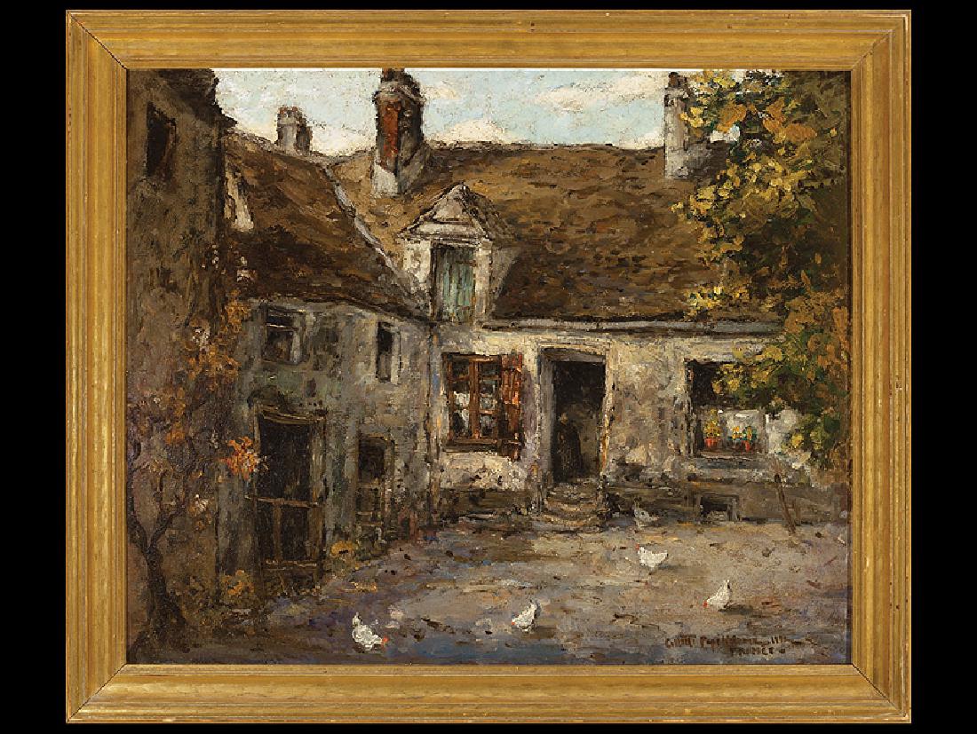 Colette Pope Heldner (American/New Orleans, 1902): Colette Pope Heldner (American/New Orleans, 1902-1990), "French Courtyard with Chickens", 1932, oil on board, signed, dated and inscribed "France" lower right, 19 1/2 in. x 24 in., period frame
