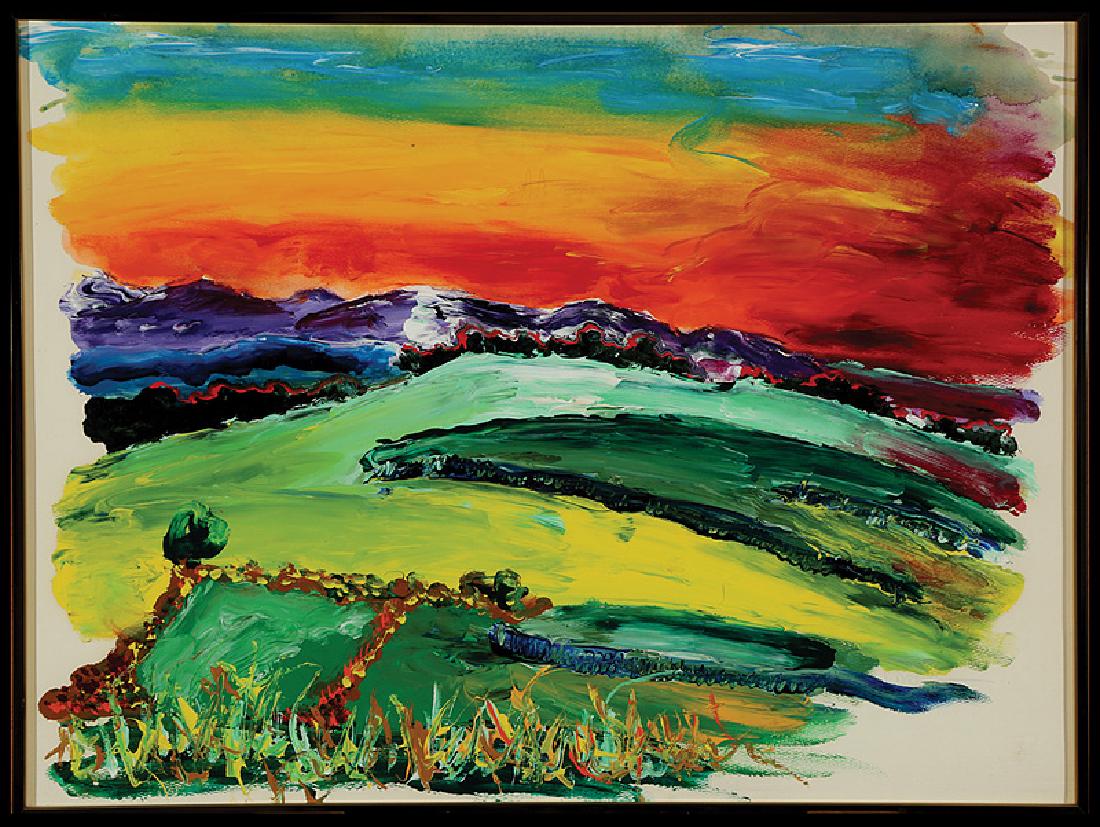 Peter Dean (German/American, 1934-1993): Peter Dean (German/American, 1934-1993, act. New Orleans, 1970-1991), "Catskill Eve", 1978, acrylic on paper, signed lower right, signed, titled, dated, inscribed and "The Times Picayune, The World of