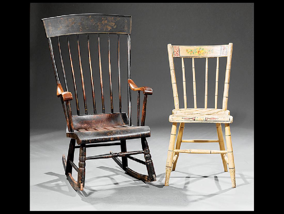 American Paint-Decorated Rocker: American Paint-Decorated Rocker, mid-19th c., spindle back, foliate-stenciled decoration, curved seat, turned legs, h. 41 1/2 in., w. 23 1/2 in., d. 28 in.; together with yellow painted side chair, ba