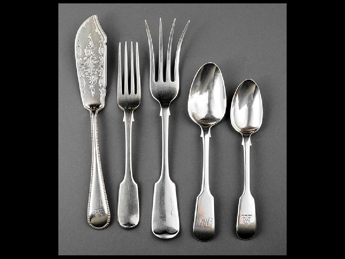 English Sterling Silver Flatware: Group of English Sterling Silver Flatware, 19th c., various makers, incl. a crested master butter knife, Elizabeth & John Eaton, London, 1860, l. 8 in.; 3 forks, l. 7 in., dessert spoon and 2 teaspoon