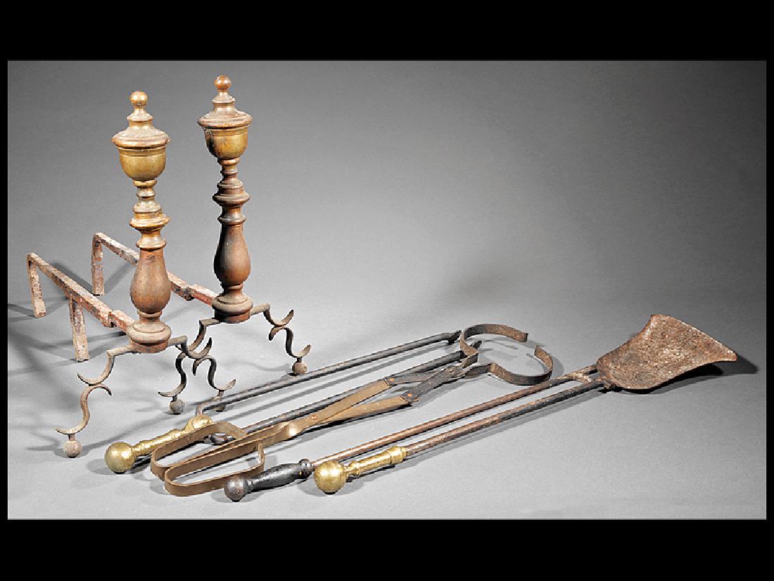 Pair of American Brass Andirons: Pair of American Brass Andirons, 19th c., h. 17 1/2 in., w. 10 in., d. 18 in., together with two pairs of tongs, poker and shovel, shovel h. 28 1/8 in. (6 pcs.)