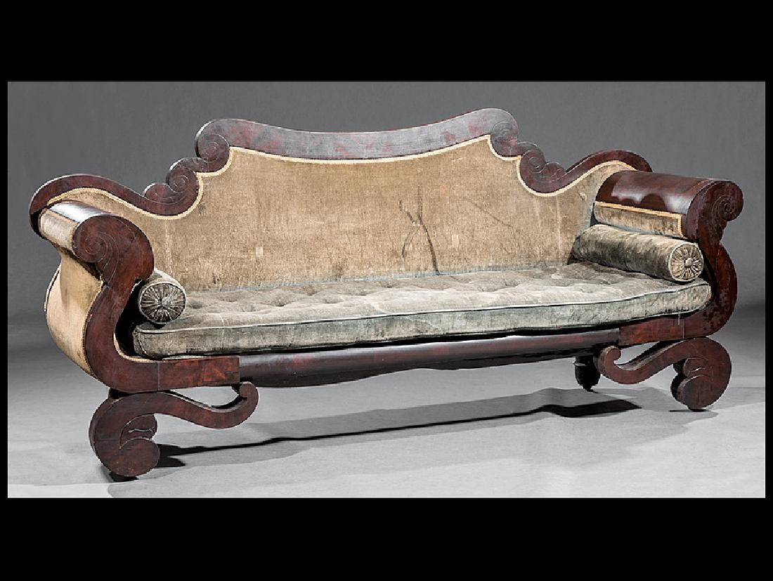 American Classical Mahogany Sofa: American Classical Mahogany Sofa, c. 1820, serpentine back, conforming arms, scrolled feet, h. 36 in., w. 79 in., d. 23 in