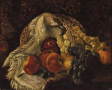 Attributed to Mary Vernon Morgan (Cana: Attributed to Mary Vernon Morgan (Canadian, 1871-1927) , "Still Life with Grapes and Apples in Basket", oil on canvas, signed lower right "Vernon", 15 in. x 19 in., in a period giltwood frame