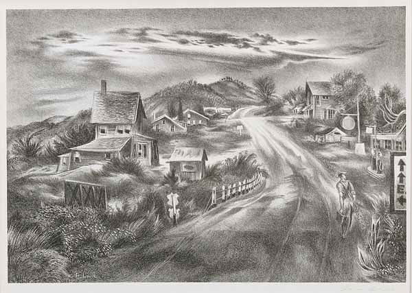 Aaron Bohrod, lithograph, pencil-signed: Aaron Bohrod (American, b. 1907) , "Pennsylvania, Highway", lithograph, pencil signed, 1942, image 9 1/4 in. x 13 7/16 in. Provenance: Childs Gallery, Boston, 1990. Illustrated in Albert Reese's book
