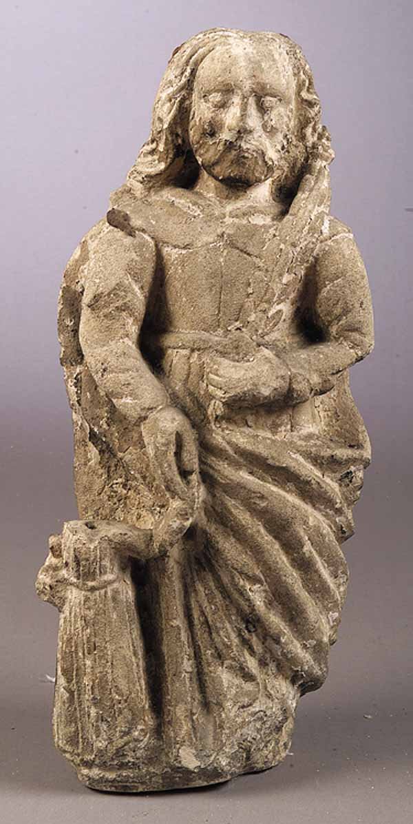 A French Late Gothic Carved Stone Figu: A French Late Gothic Carved Stone Figure of a Saint , probably 15th c., the robed figure holding the hand of a child, height 23 in., width 8 1/2 in., depth 7 in . Provenance: Estate of Angela Gregory