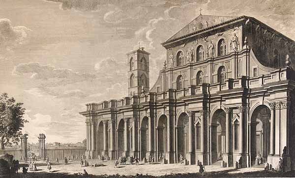 After Francesco Panini (Italian, 1745-1812): After Francesco Panini (Italian, 1745-1812) "Prospetto Esteriore - Della Basilica di S. Paolo Sulla via Ostiense", engraved by Francesco Barbazza, engraving, plate 18 3/4 in. x 27 1/4 in