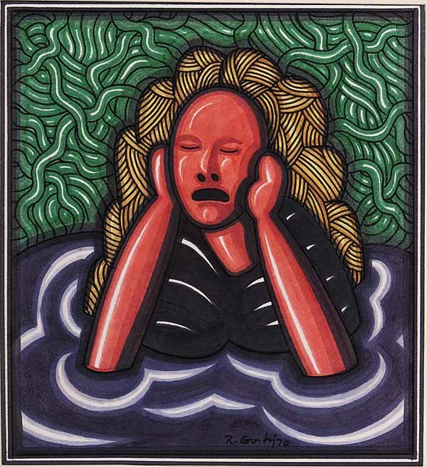 Robert Gordy (American/New Orleans, 19: Robert Gordy (American/New Orleans, 1933-1986) , "Woman in Water", colored felt tip, signed and dated "70" lower center, 14 in. x 12 1/2 in., unframed