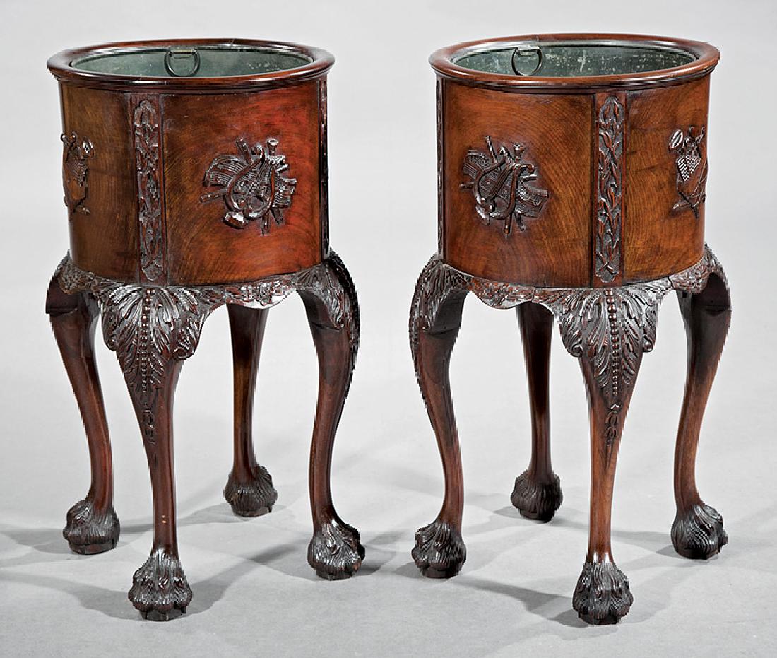Pair of Georgian Carved Mahogany Jardinieres: Pair of Georgian Carved Mahogany Jardinieres, 19th c., carved with trophees, cabriole legs, hairy paw feet, tole liners, h. 28 in., w. 15 in., d. 15 in
