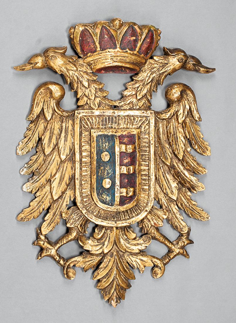 Continental Carved, Polychromed, Gilt Plaque: Small Antique Continental Carved, Polychromed and Gilt Armorial Plaque, double-eagle and crown crest, h. 23 1/2 in., w. 16 in., d. 2 in
