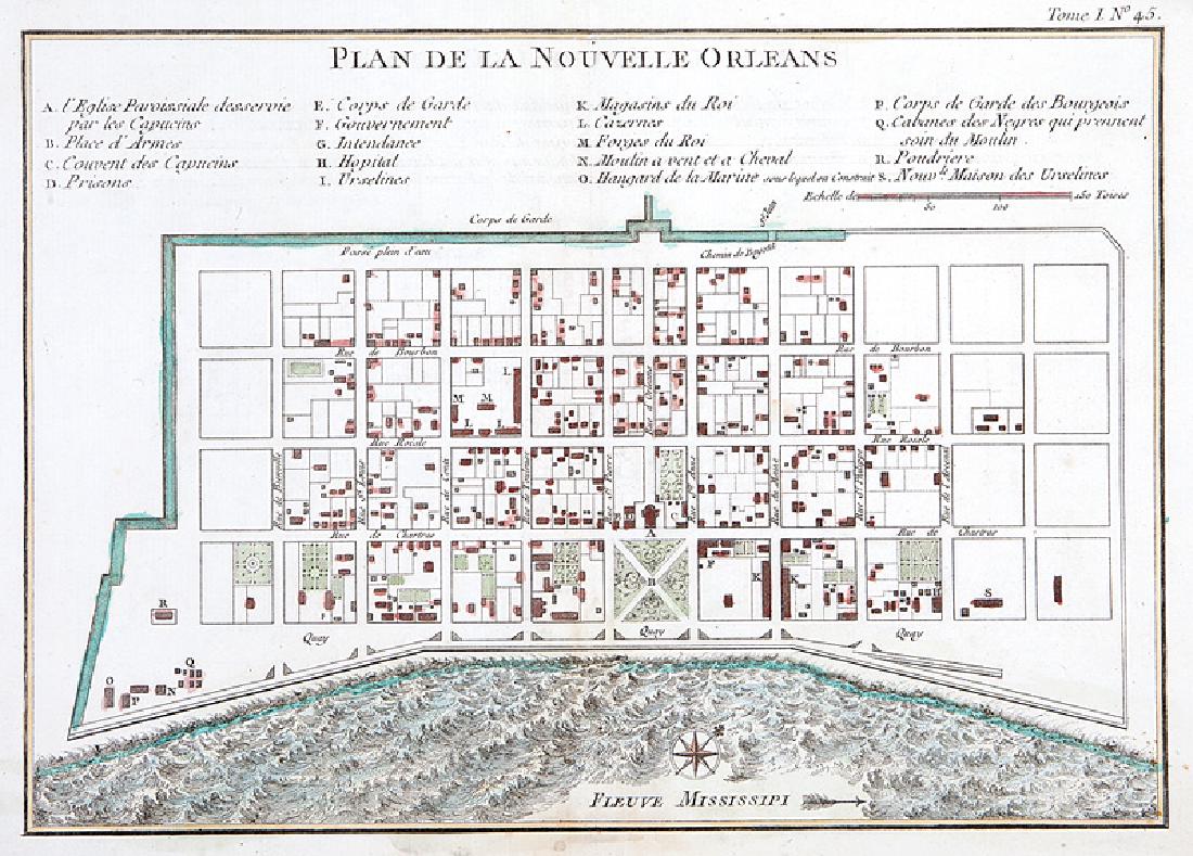 Jacques Nicolas Bellin 1764: Jacques Nicolas Bellin, "La Louisiane et Pays Voisins", "Cours du Fleuve Saint Louis...", "Plan de la Nouvelle Orleans", three hand-colored engraved maps (plates 40, 43 and 45), from Le Petit Atlas Ma