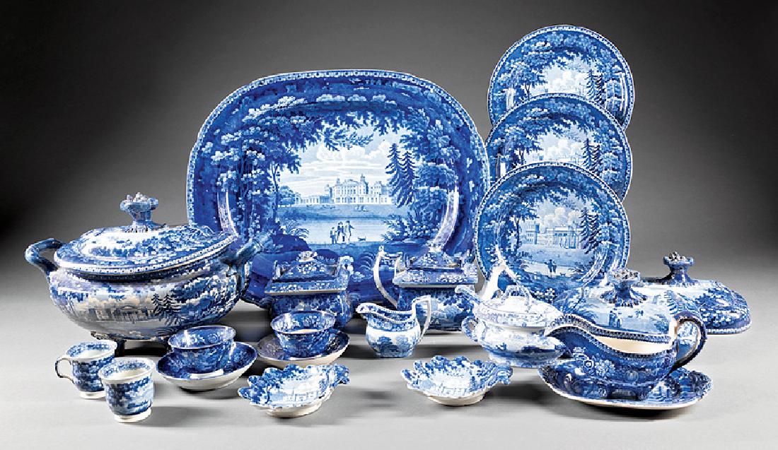Staffordshire Partial Dinner Service: Staffordshire Blue and White Partial Dinner Service, 19th c., various "Great Houses" patterns, incl. 14 plates, platter, soup tureen, sugar and creamer, two shell dishes, four tea bowls, three saucers