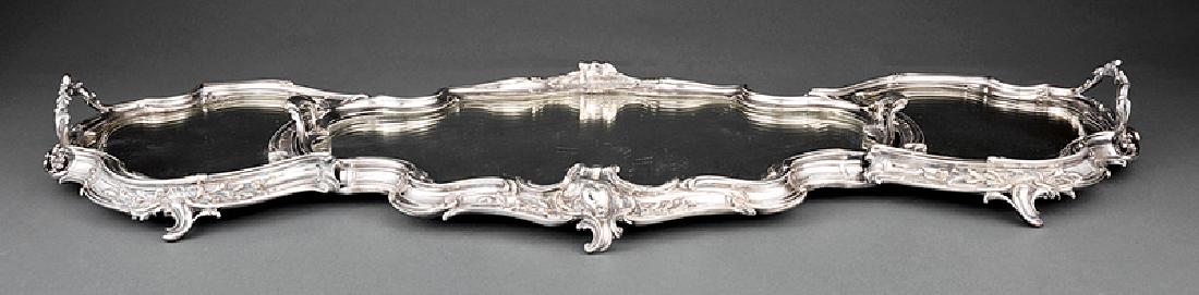 Louis XV-Style Silverplate Surtout de Table: Louis XV-Style Silverplate Surtout de Table, Cailar, Bayard & Cie, Paris, act. 1848-1934, in three sections, each shaped mirror plate in molded rocaille and foliate scroll surround, scroll feet, oak b