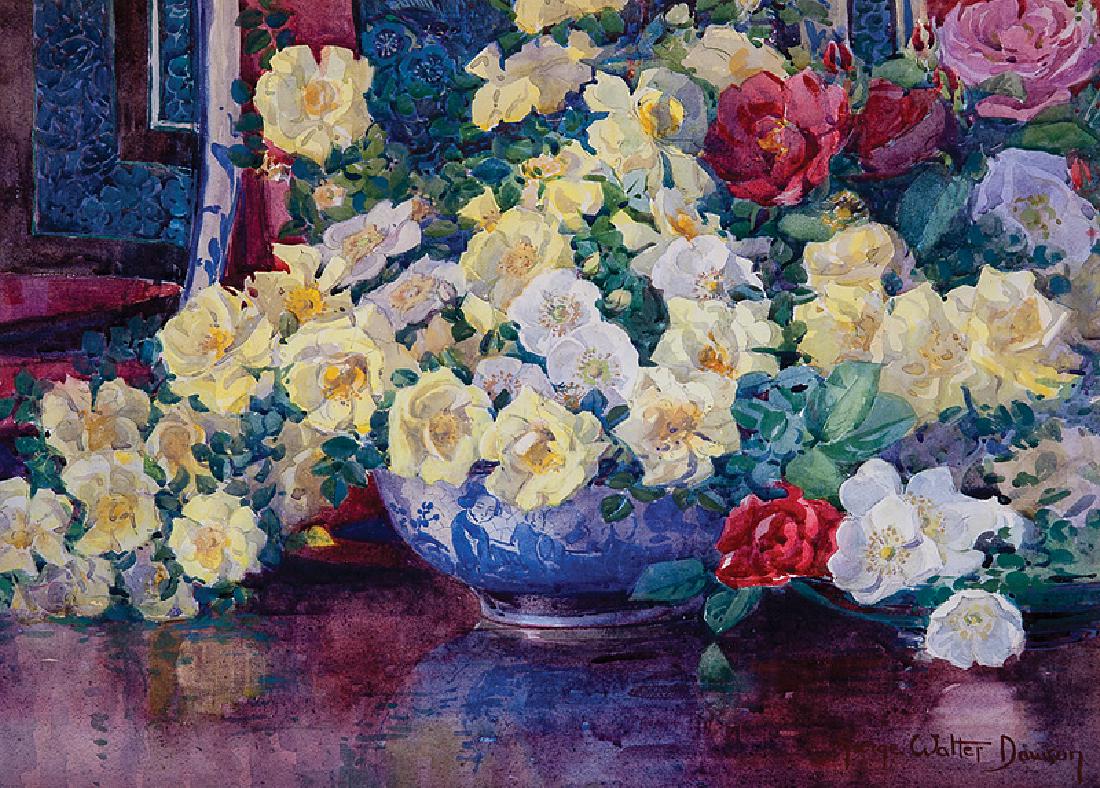 George Walter Dawson (American, 1870-1938): George Walter Dawson (American, 1870-1938), "Flowers in Blue and White Chinoiserie Bowl", watercolor on paper, signed lower right, sight 15 in. x 21 in., framed. Provenance: Estate of Faith K. Tiberio