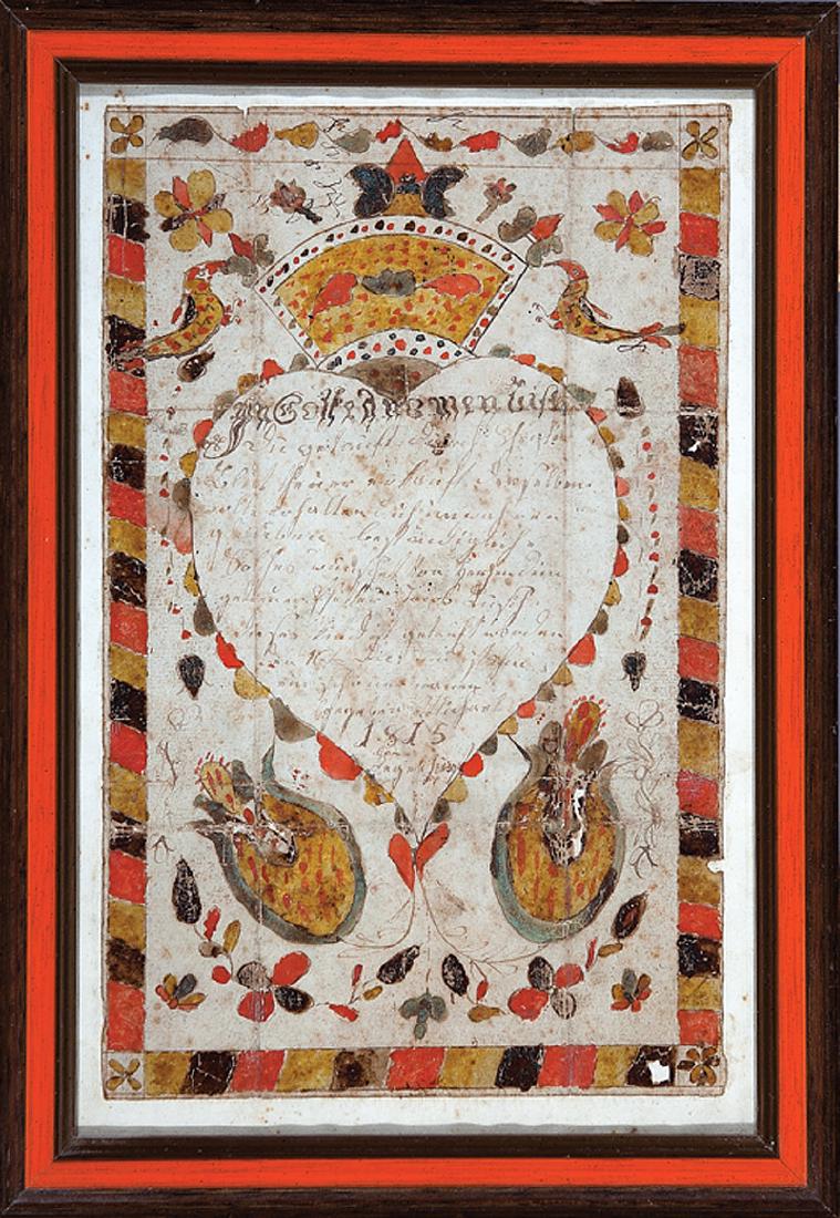 1815 Pennsylvania Fraktur: 1815 Pennsylvania Fraktur, watercolor and ink on paper laid down, central heart motif with tulips and stylized birds, 12 3/4 in. x 8 in., framed