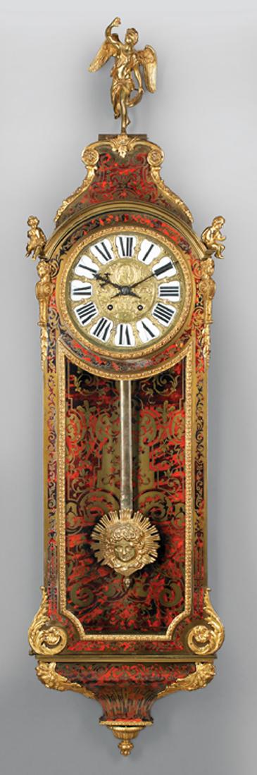 Napoleon III Bronze-Mounted Boullework Wall Clock: Napoleon III Bronze-Mounted Boullework Wall Clock, c. 1870, striking gong movement, dial with inset porcelain numerals and portrait of Louis XIV, h. 54 in., w. 14 in., d. 6 1/2 in