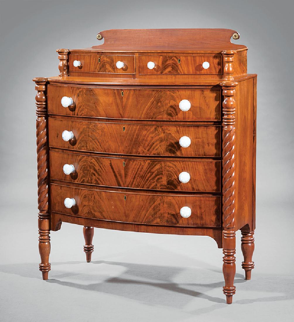 Sheraton Carved Mahogany Chest of Drawers: American Sheraton Carved Mahogany Chest of Drawers, early 19th c., New England, galleried superstructure, four graduated drawers, spiral turned stiles, turned legs, opaline glass pulls, h. 51 1/4 in.,