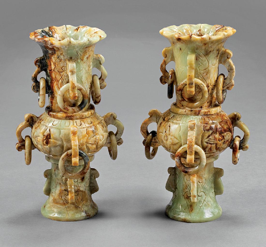 Pair of Chinese Soapstone Gu Vases: Pair of Chinese Soapstone Gu Vases, carved with numerous loop and loose ring handles, h. 12 1/2 in., w. 7 1/2 in., d. 7 1/2 in