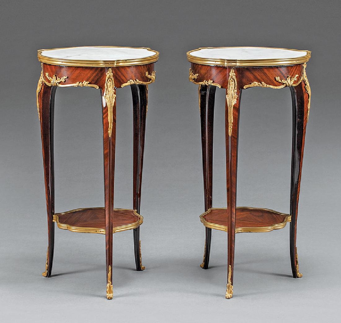 Bronze-Mounted Mahogany Occaisonal Tables: Pair of Louis XV-Style Bronze-Mounted Mahogany Occasional Tables, marble inset top, serpentine frieze, flared legs, shaped lower plinth, sabots, h. 30 in., dia. 16 in