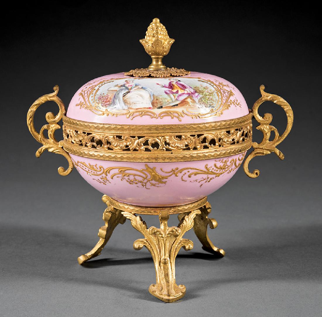 Gilt Bronze-Mounted Sèvres Porcelain Pot-Pourri: Gilt Bronze-Mounted Sèvres Porcelain Covered Pot-Pourri, c. 1846, fully marked, incl. "Chateau de Tuilleries", spherical body divided by openwork band of shell and Rococo motifs, lid with landscape s