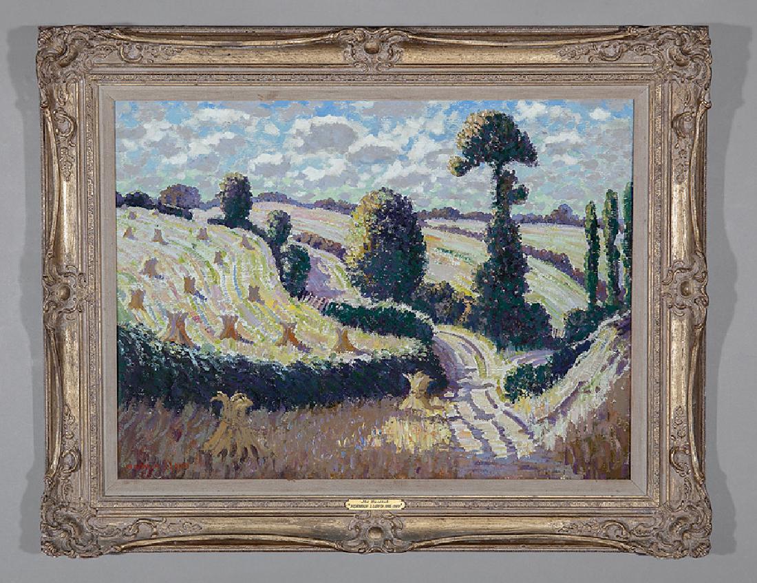 Norman Lloyd (Australian, 1895-1983): Norman Lloyd (Australian, 1895-1983), "The Harvest", oil on canvas, signed lower left, "Koch Galleries, Mobile, AL" and "Mobile Art Center and Gallery" labels on reverse of frame, 20 in. x 27 in., fra