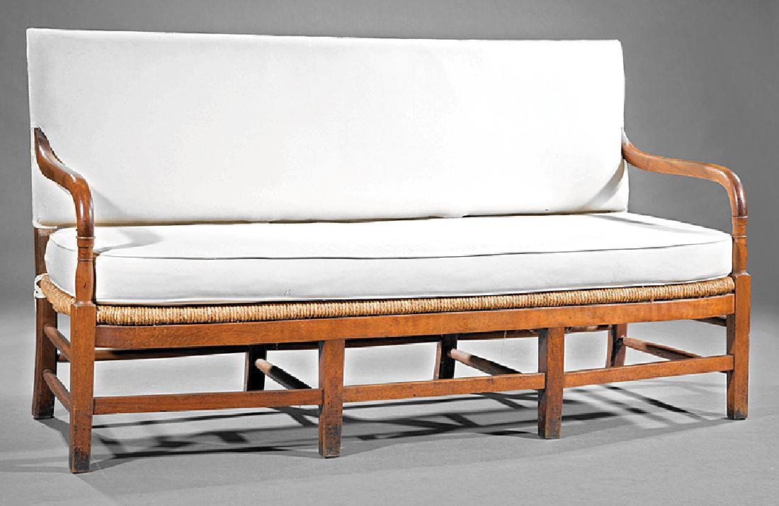 French Provincial Cherrywood and Rush Sofa: French Provincial Cherrywood and Rush Sofa, 19th c., rectangular back, scroll arms, rounded seat rail, square legs, stretchers, h. 39 1/2 in., w. 68 in., d. 28 in