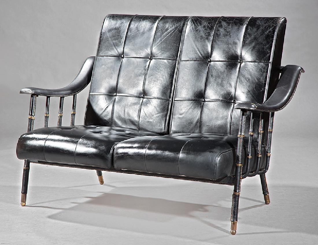 Jacques Adnet Stitched Leather and Brass Settee: Jacques Adnet Stitched Leather and Brass Settee, c. 1955, tufted seat and back, padded arms, covered leather spindle supports, brass cuff legs, h. 34 1/2 in., 49 1/2 in., d. 33 in