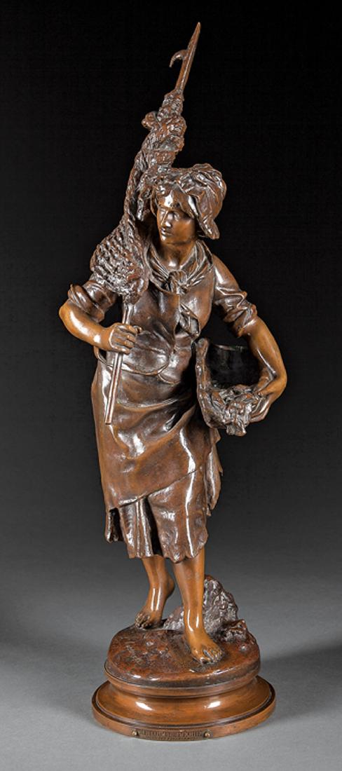 Continental Bronze Figure of a Fisher Woman: Continental Bronze Figure of a Fisher Woman, after "Retour de Peche [Returning from Fishing]" by Henryk Kossowski, "Societe des Bronzes de Paris" stamp, "AP 3229" and inscribed signature on self-base,