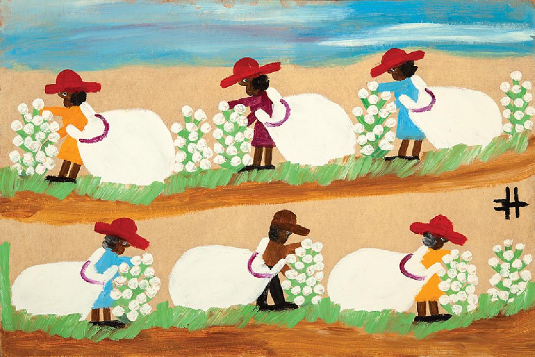 Clementine Hunter (American/Louisiana, 1886-1988): Clementine Hunter (American/Louisiana, 1886-1988), "Pickin' Cotton", oil on board, monogrammed mid-right, 16 in. x 24 in., unframed