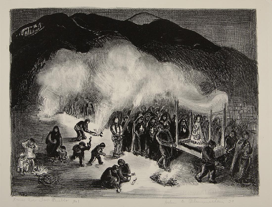 Helen Greene Blumenschein (American/New Mexico): Helen Greene Blumenschein (American/New Mexico, 1909-1989), "Xmas Eve Taos Pueblo", 1939, lithograph, pencil-signed, titled, dated and inscribed "No.1" lower margin, 9 3/4 in. x 12 3/4 in., unframed