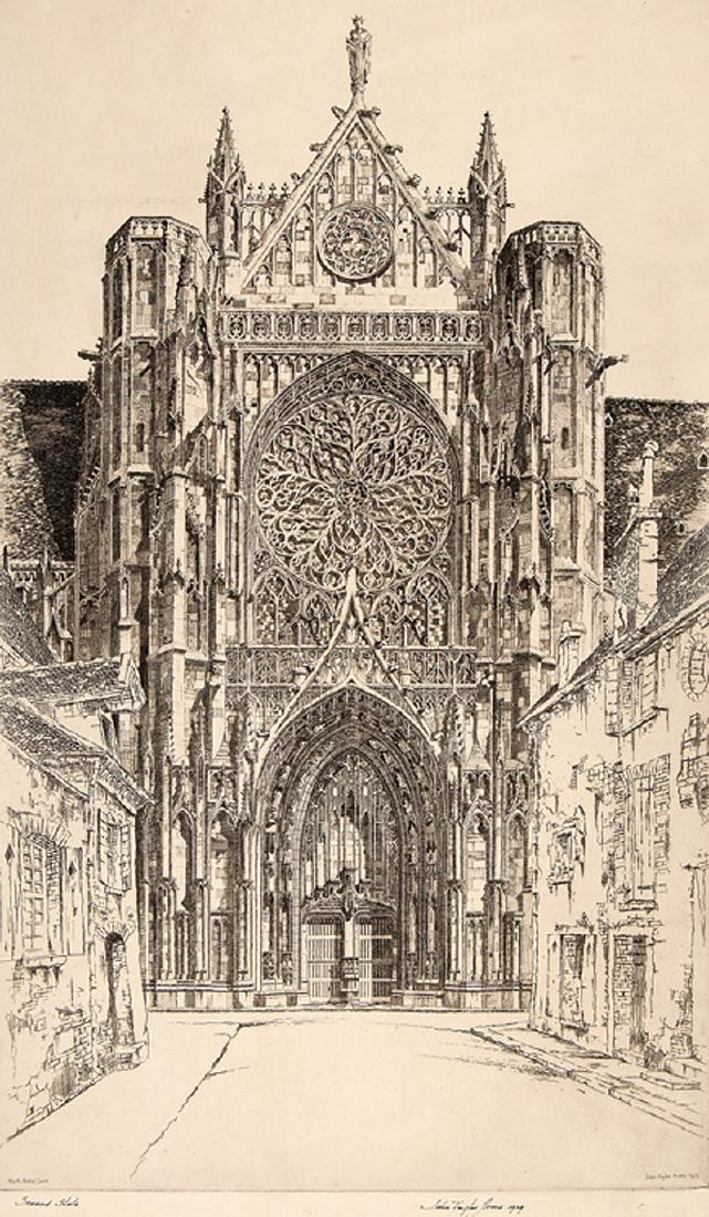 John Taylor Arms (American, 1887-1953): John Taylor Arms (American, 1887-1953), "North Portal, Sens", engraving, signed, titled and dated in plate lower edge, signed, dated and inscribed "Second State" lower margin, 15 in. x 9 in., matted