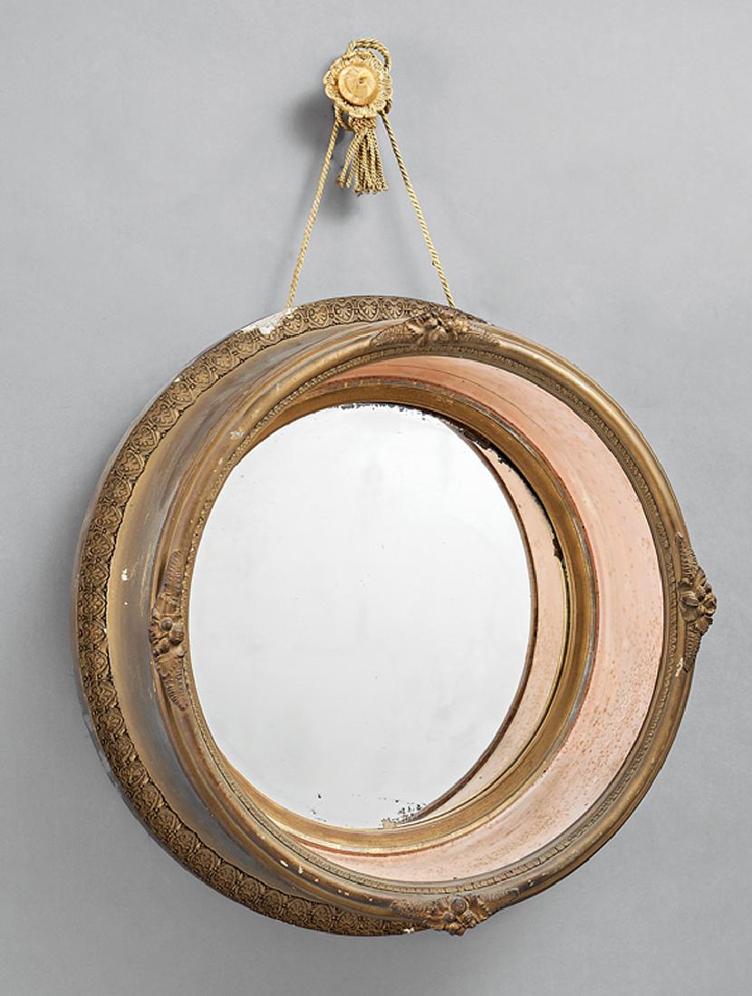 French Painted and Parcel Gilt Porthole Mirror: French Painted and Parcel Gilt Porthole Mirror, 19th c., surround carved with fruit clusters, old mirror plate, dia. 23 in., d. 7 in