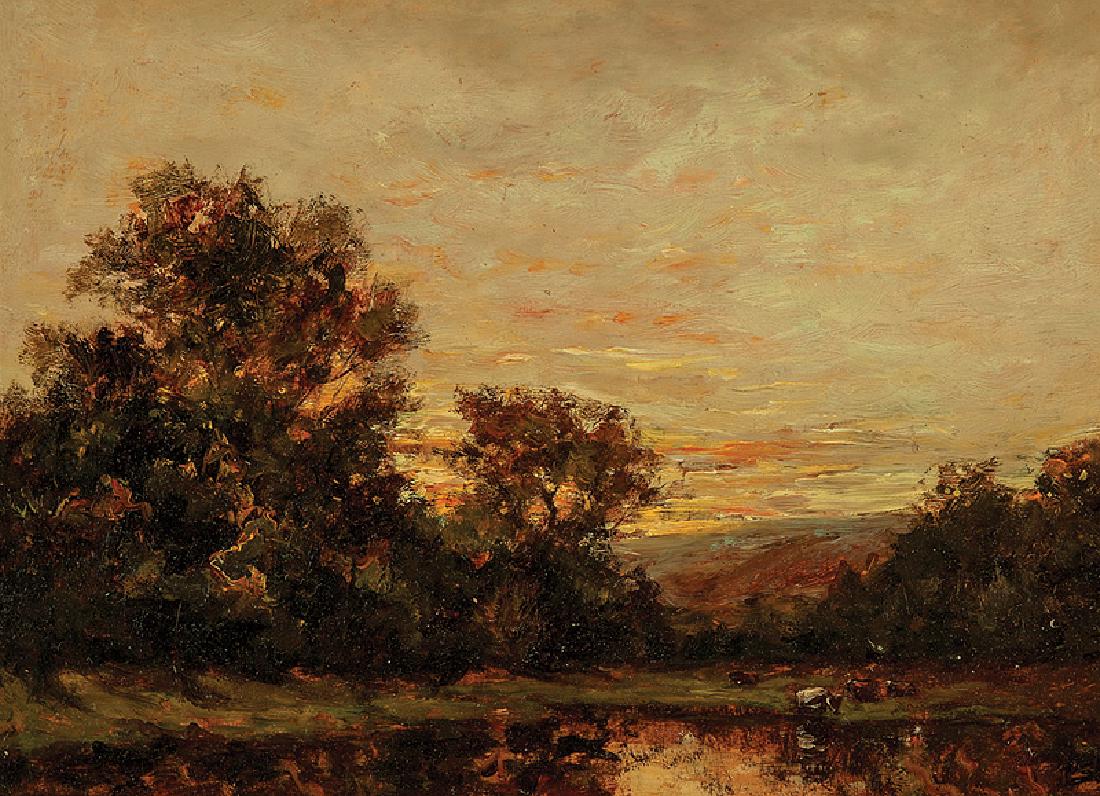French School, late 19th c: French School, late 19th c., "Sunset Landscape with Cows", oil on panel, unsigned, "Jacques Gordat- Bernard Gory, Paris" label en verso of frame, 10 1/4 in. x 13 1/2 in., framed