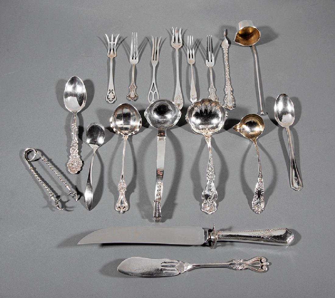 Misc. Group of Coin and Sterling Silver Flatware: Misc. Group of Small Coin and Sterling Silver Flatware, various makers and patterns, incl. coin silver sugar sifter ladle, Mexican ladle, Art Nouveau ladle, Mauser toddy ladle, sugar tongs, 6 strawber