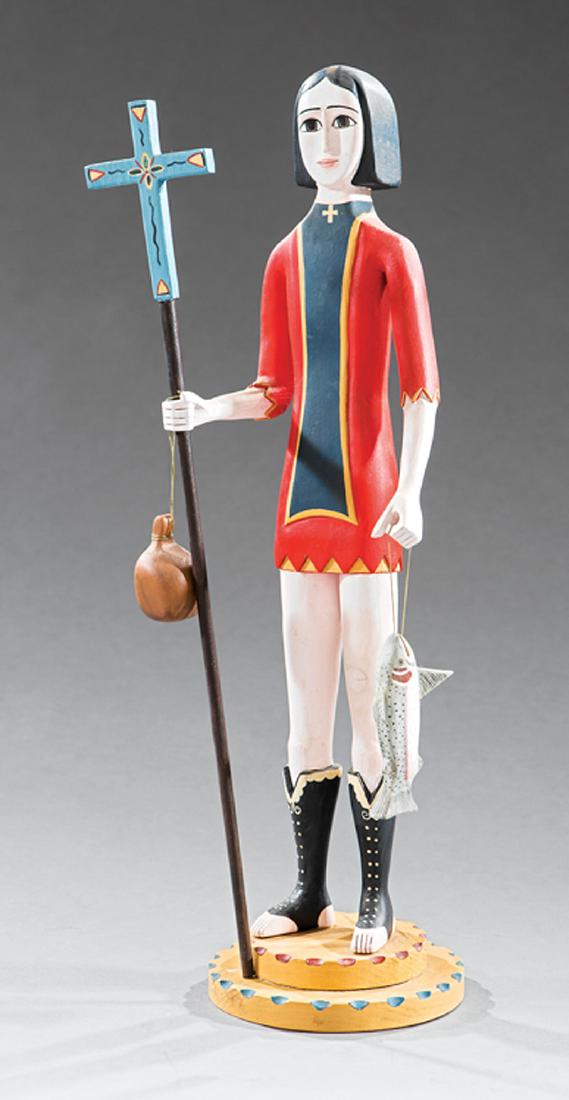 Anita Romero Jones (American/New Mexico): Anita Romero Jones (American/New Mexico, 1930-2013), "San Raphael", painted wood, indistinctly signed and titled on bottom, h. 21 1/4 in., w. 8 1/2 in., d. 6 1/2 in. Provenance: Property of the New Or